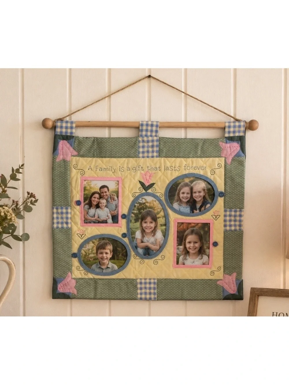 Terry’s Village Family Photo Frame Wall Hanging Quilted Fabric 22x18 Cottage